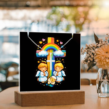Angels & Lamb Rainbow Cross Acrylic Keepsake Plaque – Christian Gift for Kids