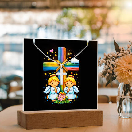 Praying Angels Rainbow Cross Acrylic Keepsake Plaque – Christian Gift for Kids