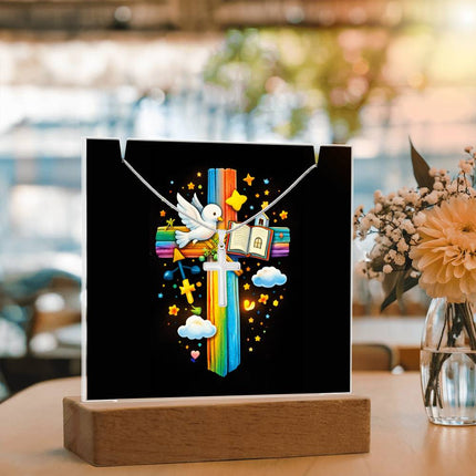 Dove & Open Bible Rainbow Cross Acrylic Keepsake Plaque – Christian Gift for Kids