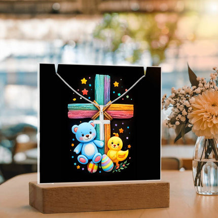 Rainbow Cross Teddy Bear & Chick Acrylic Keepsake Plaque – Christian Gift for Kids