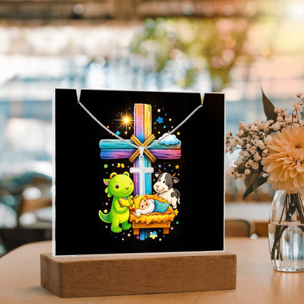 Baby Jesus Nativity & Dino Rainbow Cross Acrylic Keepsake Plaque – Christian Gift for Kids