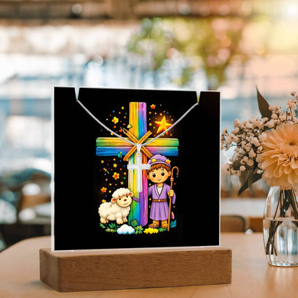 Shepherd Boy & Lamb Rainbow Cross Acrylic Keepsake Plaque – Christian Gift for Kids