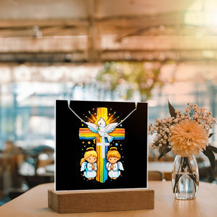 Dove & Praying Angels Rainbow Cross Acrylic Keepsake Plaque – Christian Gift for Kids