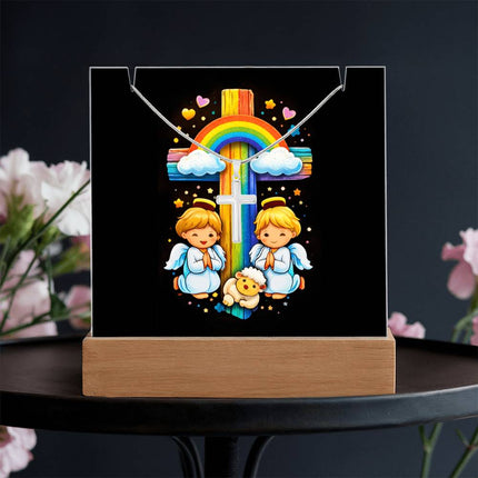 Angels & Lamb Rainbow Cross Acrylic Keepsake Plaque – Christian Gift for Kids