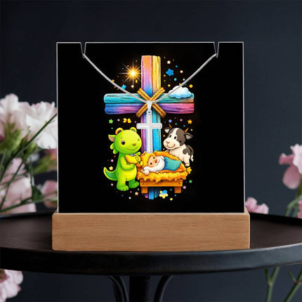 Baby Jesus Nativity & Dino Rainbow Cross Acrylic Keepsake Plaque – Christian Gift for Kids