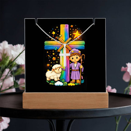 Shepherd Boy & Lamb Rainbow Cross Acrylic Keepsake Plaque – Christian Gift for Kids