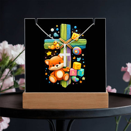 Kitten & ABC Blocks Rainbow Cross Acrylic Keepsake Plaque – Christian Gift for Kids