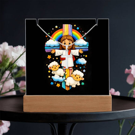 Jesus & Little Lambs Rainbow Acrylic Keepsake Plaque – Christian Gift for Kids