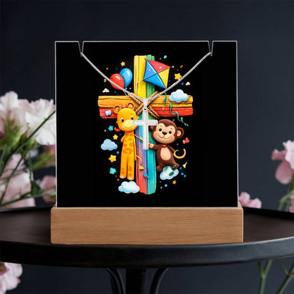 Giraffe & Monkey Rainbow Cross Acrylic Keepsake Plaque – Christian Gift for Kids