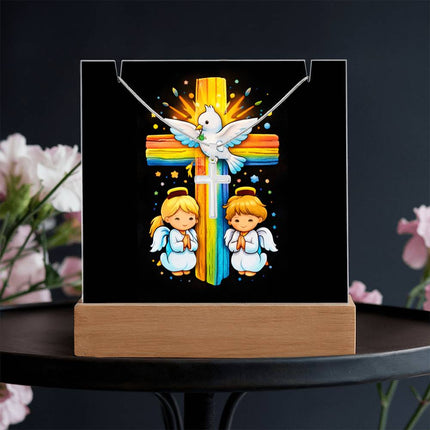 Dove & Praying Angels Rainbow Cross Acrylic Keepsake Plaque – Christian Gift for Kids