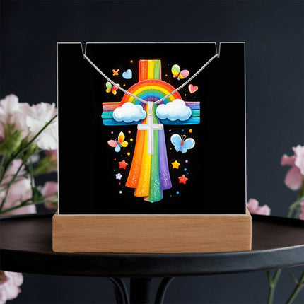 Rainbow & Clouds Cross Acrylic Keepsake Plaque – Christian Gift for Kids
