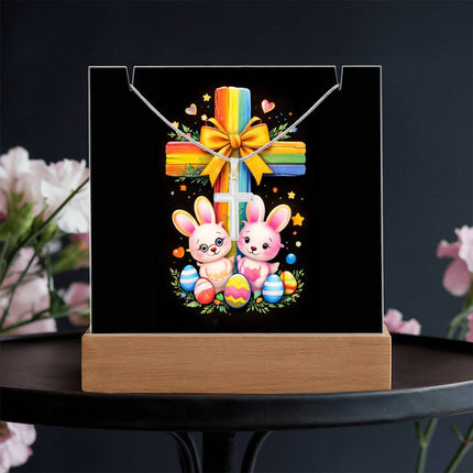 Easter Bunnies & Eggs Rainbow Cross Acrylic Keepsake Plaque – Christian Gift for Kids