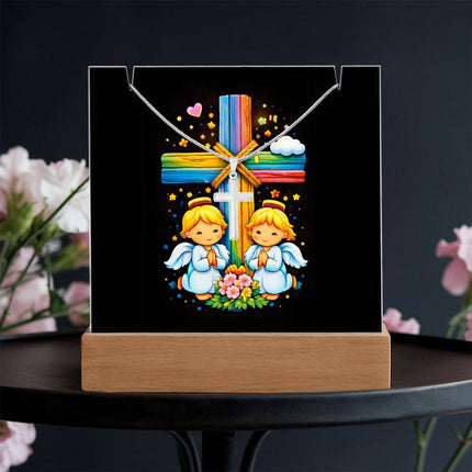 Praying Angels Rainbow Cross Acrylic Keepsake Plaque – Christian Gift for Kids