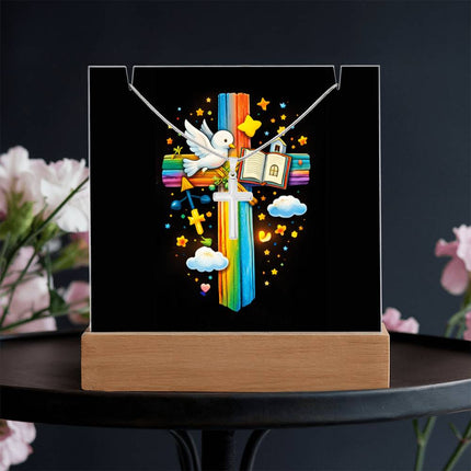 Dove & Open Bible Rainbow Cross Acrylic Keepsake Plaque – Christian Gift for Kids