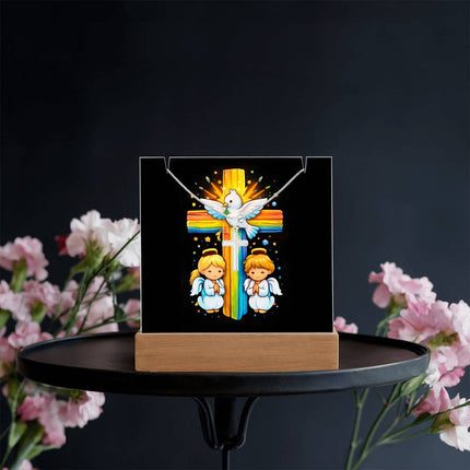 Rainbow Cross Angels And Dove | Christian Keepsake Acrylic Bundle Cross Necklace | Gift for Kids