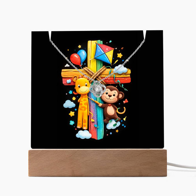 Rainbow Cross Jungle Animals | Christian Keepsake Acrylic Bundle Love Knot Necklace | Gift for Kids