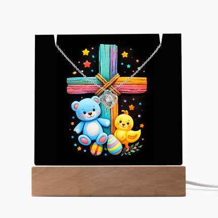 Rainbow Cross Teddy Bear | Christian Keepsake Acrylic Bundle Love Knot Necklace | Gift for Kids
