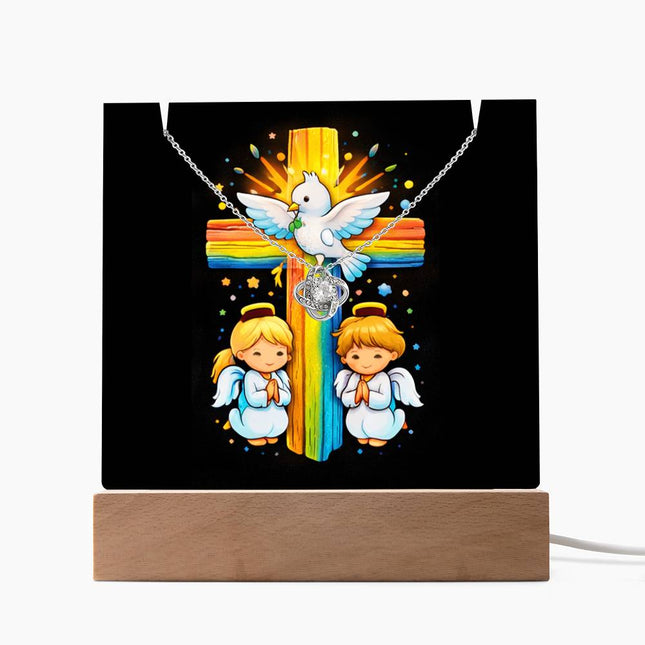 Rainbow Cross Angels And Dove | Christian Keepsake Acrylic Bundle Love Knot Necklace | Gift for Kids