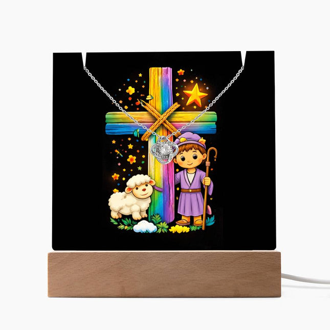 Rainbow Cross Little Shepherd | Christian Keepsake Acrylic Bundle Love Knot Necklace | Gift for Kids