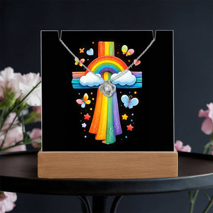 Rainbow Cross Butterfly | Christian Keepsake Acrylic Bundle Love Knot Necklace | Gift for Kids