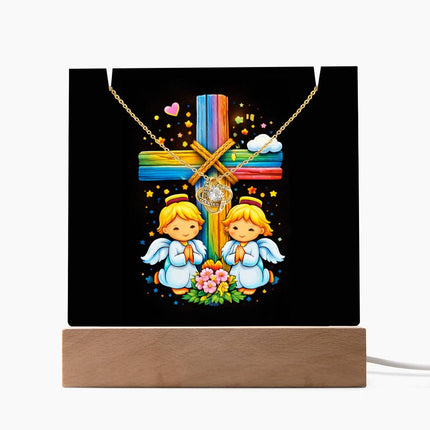 Rainbow Cross Angel Twins | Christian Keepsake Acrylic Bundle Love Knot Necklace | Gift for Kids