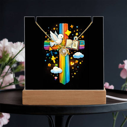 Rainbow Cross Open Bible | Christian Keepsake Acrylic Bundle Love Knot Necklace | Gift for Kids