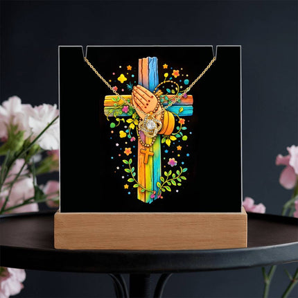 Rainbow Cross Praying Hands | Christian Keepsake Acrylic Bundle Love Knot Necklace | Gift for Kids