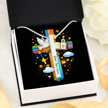 Dove & Open Bible Rainbow Cross Engraved Bar Necklace – Christian Gift for Kids