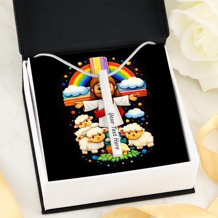Jesus With the Sheep - Engraved 4-Sided Stick Necklace – Christian Gift for Kids