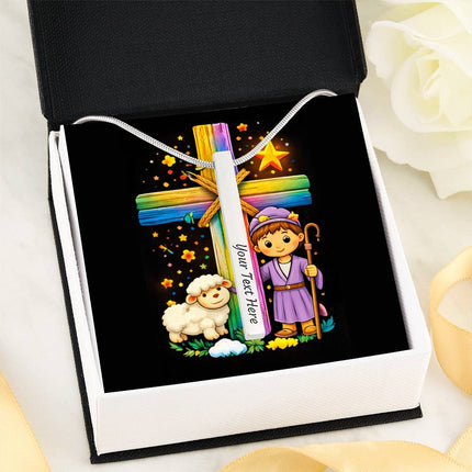 Shepherd Boy & Lamb Rainbow Cross Engraved Bar Necklace – Christian Gift for Kids