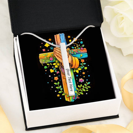 Praying Hands & Rosary Rainbow Cross Engraved Bar Necklace – Christian Gift for Kids