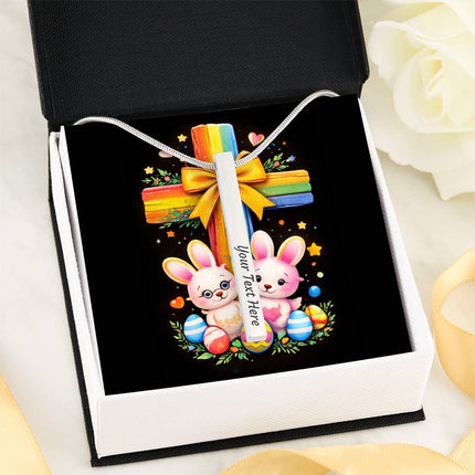 Easter Bunnies & Eggs Rainbow Cross Engraved Bar Necklace – Christian Gift for Kids