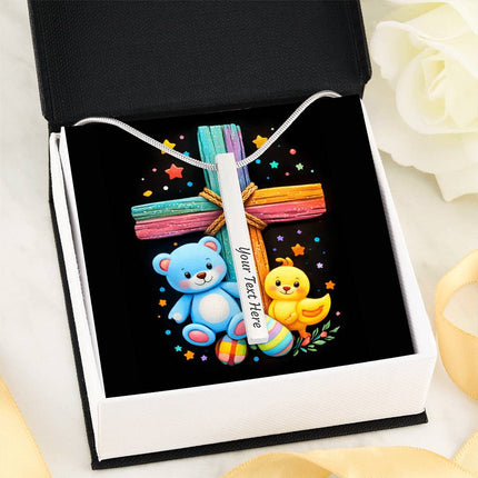 Rainbow Cross Teddy Bear & Chick Engraved Bar Necklace – Christian Gift for Kids