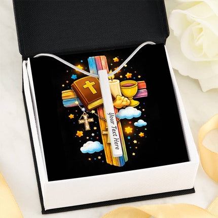 First Communion Bible & Chalice Engraved Bar Necklace – Christian Gift for Kids