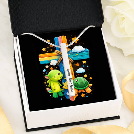 Cuddly Turtles Rainbow Cross Engraved Bar Necklace – Christian Gift for Kids