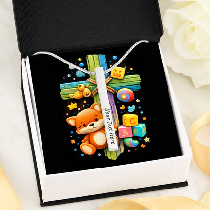 Kitten & ABC Blocks Rainbow Cross Engraved Bar Necklace – Christian Gift for Kids