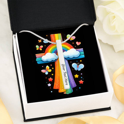 Rainbow & Clouds Cross Engraved Bar Necklace – Christian Gift for Kids