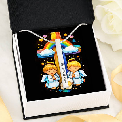Angels & Lamb Rainbow Cross Engraved Bar Necklace – Christian Gift for Kids