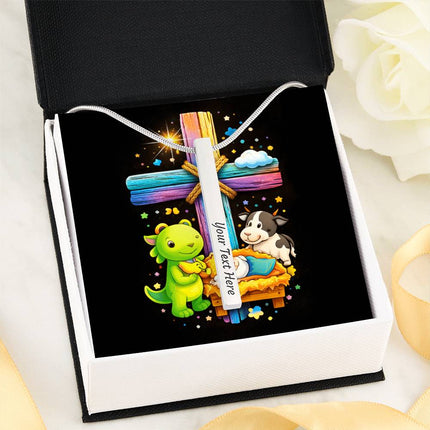 Baby Jesus Nativity & Dino Rainbow Cross Engraved Bar Necklace – Christian Gift for Kids