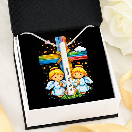 Praying Angels Rainbow Cross Engraved Bar Necklace – Christian Gift for Kids