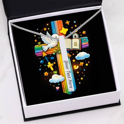 Dove & Open Bible Rainbow Cross Engraved Bar Necklace – Christian Gift for Kids