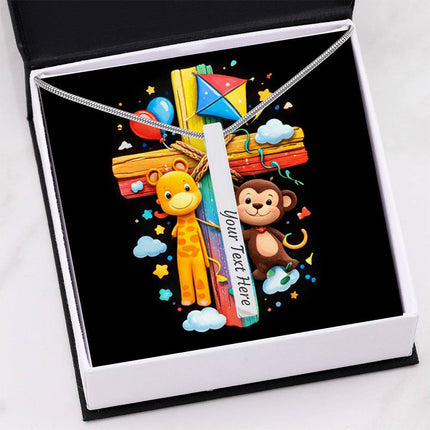 Giraffe & Monkey Rainbow Cross Engraved Bar Necklace – Christian Gift for Kids