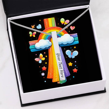 Rainbow & Clouds Cross Engraved Bar Necklace – Christian Gift for Kids