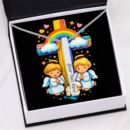Angels & Lamb Rainbow Cross Engraved Bar Necklace – Christian Gift for Kids