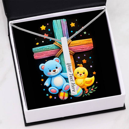 Rainbow Cross Teddy Bear & Chick Engraved Bar Necklace – Christian Gift for Kids