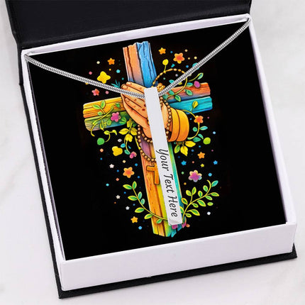 Praying Hands & Rosary Rainbow Cross Engraved Bar Necklace – Christian Gift for Kids