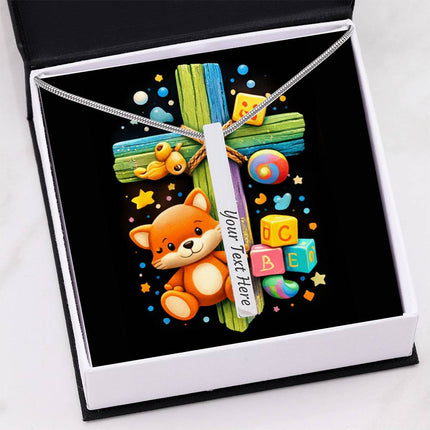 Kitten & ABC Blocks Rainbow Cross Engraved Bar Necklace – Christian Gift for Kids