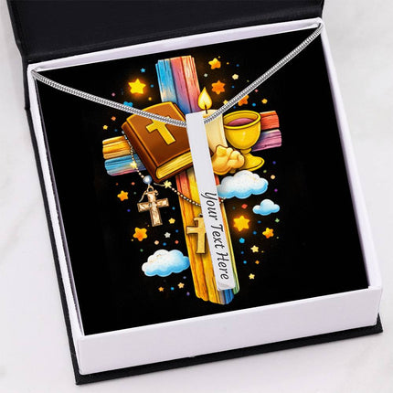 First Communion Bible & Chalice Engraved Bar Necklace – Christian Gift for Kids