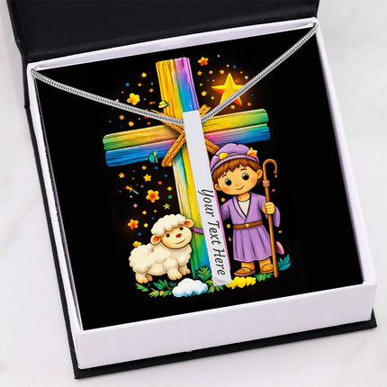Shepherd Boy & Lamb Rainbow Cross Engraved Bar Necklace – Christian Gift for Kids