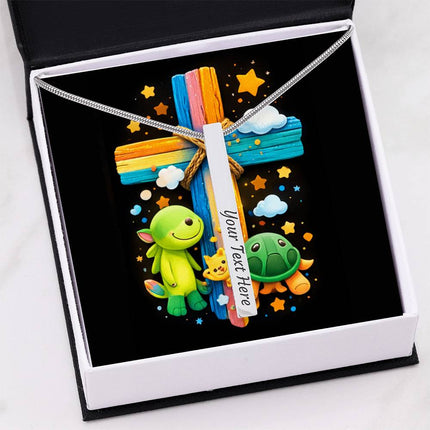 Cuddly Turtles Rainbow Cross Engraved Bar Necklace – Christian Gift for Kids